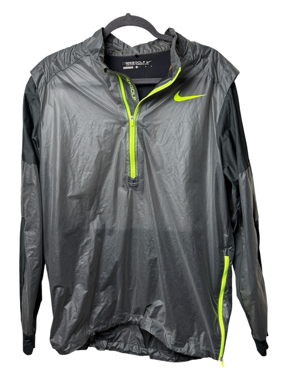 NIKE Golf Jacket Mens Size L Gray Neon Hyper Adapt 1/2 Zip Lightweight Run Walk